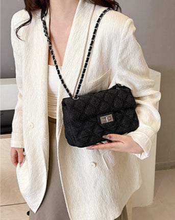 Black Quilted Denim Chain Flap Bag