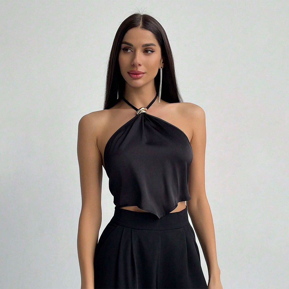 Black Halter Neck Buckle Attached Top