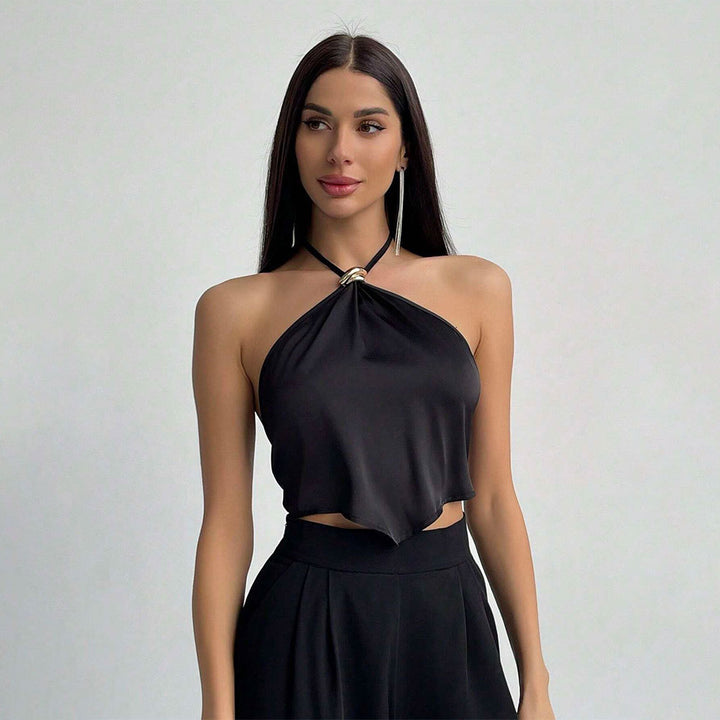 Black Halter Neck Buckle Attached Top