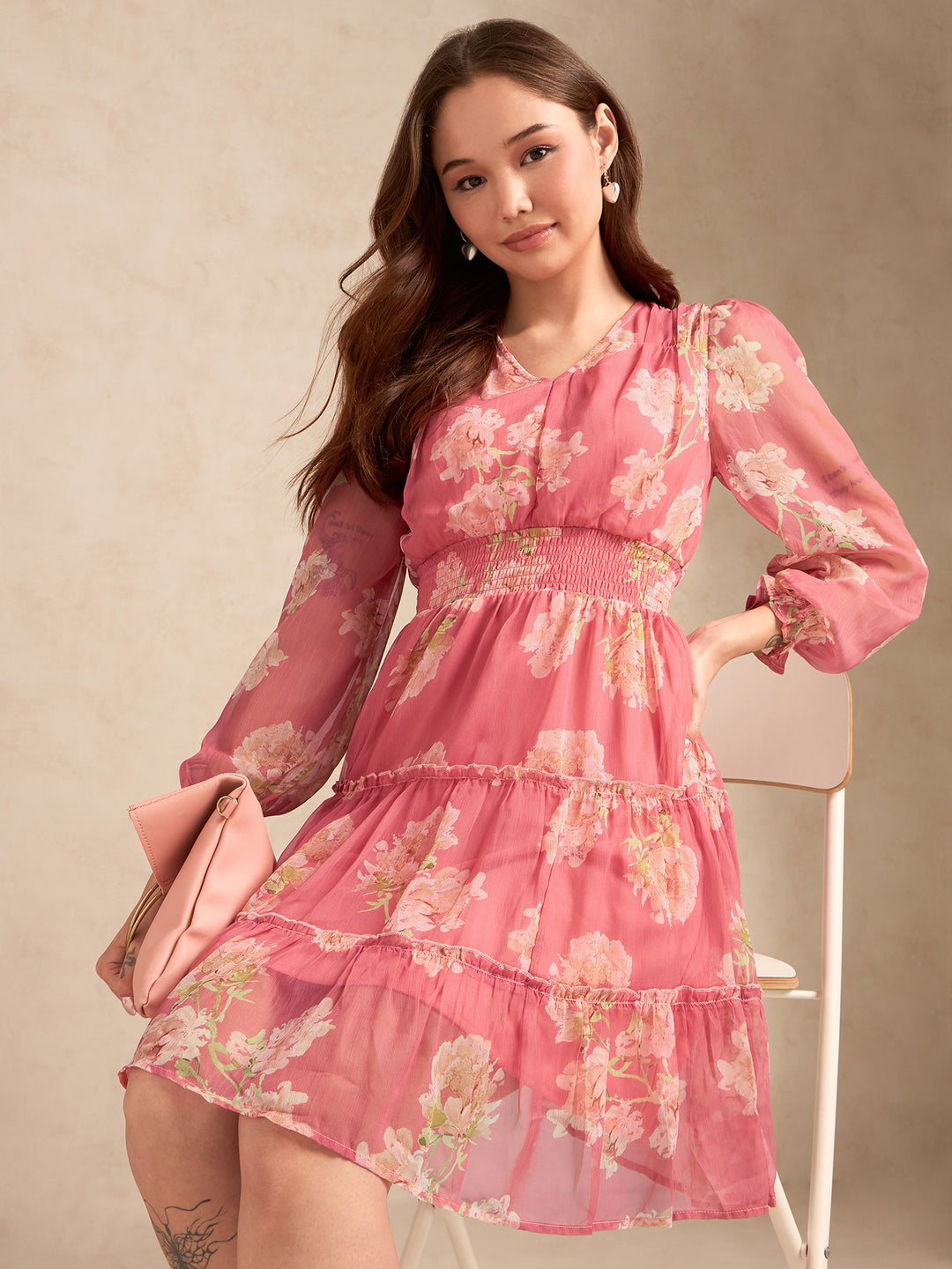 Pink Printed Full Sleeves Waist Smoked Dress