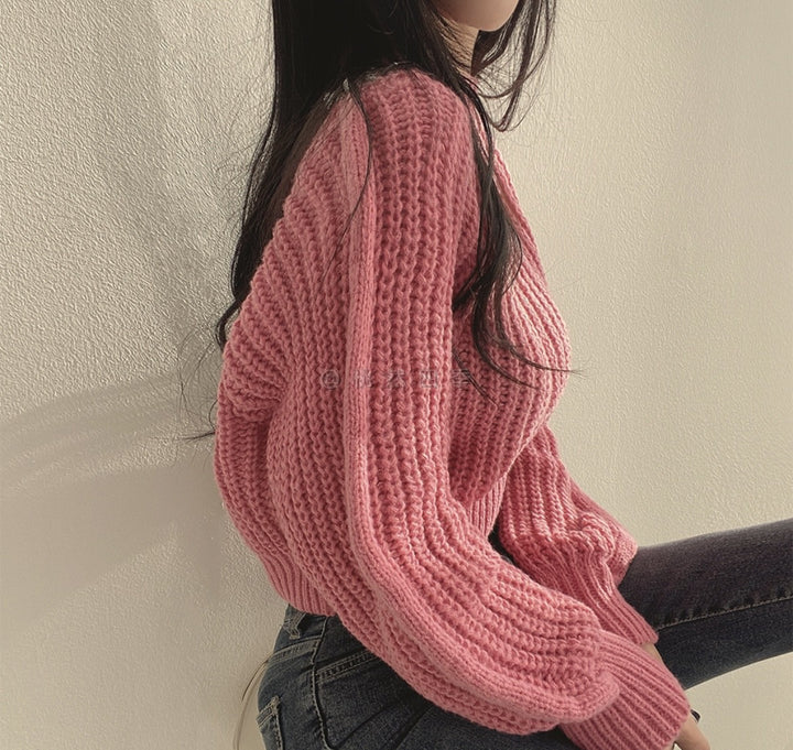 Pink Puff Sleeve High Neck Plain Chunky Sweater
