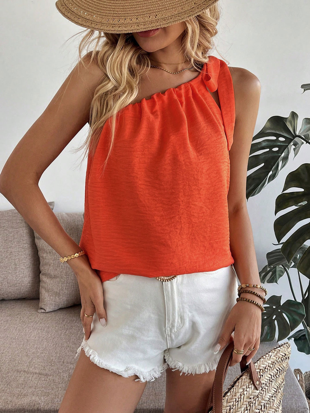 Orange One Shoulder Tie-Up Top