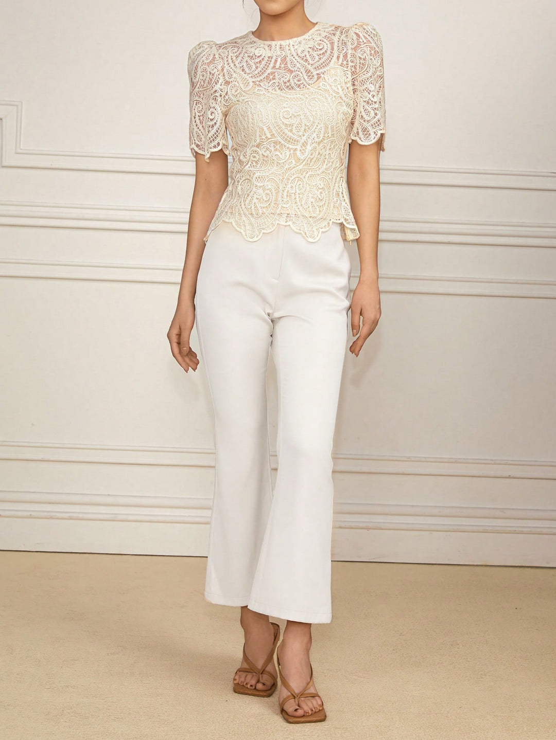 Cream Uneven Hem Laced Top