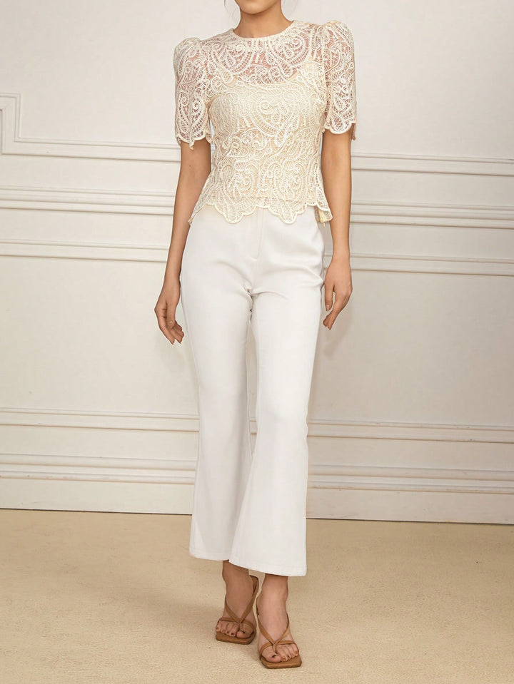 Cream Uneven Hem Laced Top
