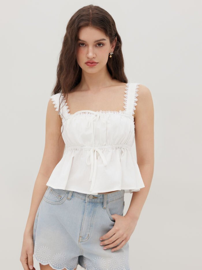 White Zig Zag Strap Front Tie Up Top