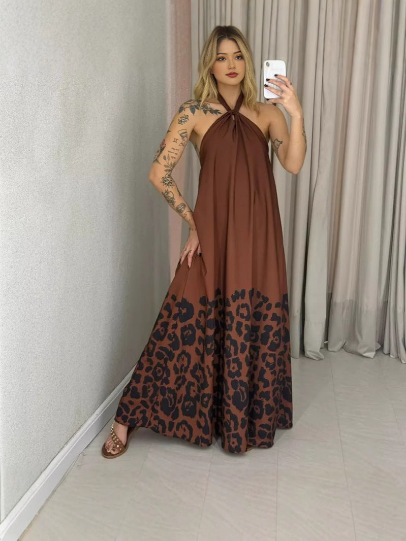 Brown Printed Cross Halter Neck Dress