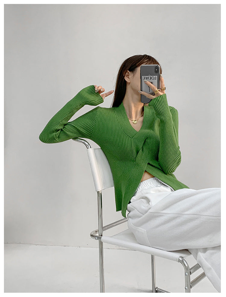 Green Full Sleeve V Neck Wrap Pullover Top
