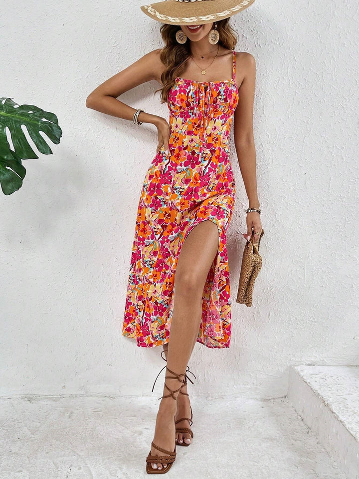 Multi Floral Printed Shoulder Strap Slit Dress
