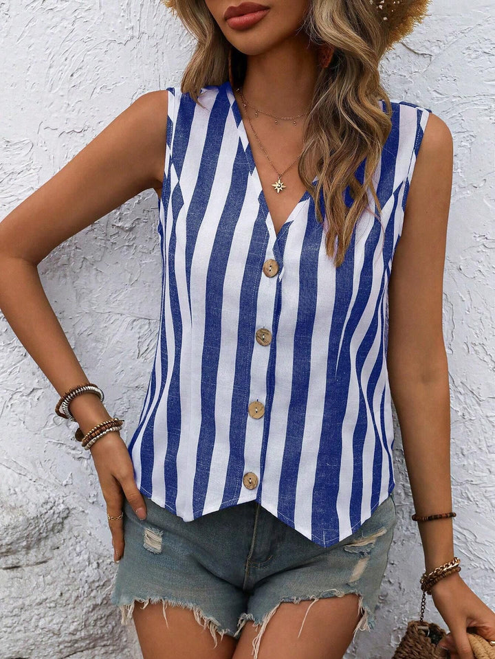 Blue Sleeveless Front Buttoned Vest