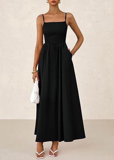 Black Strappy Square Neck Cinched Waist Dress With Pockets