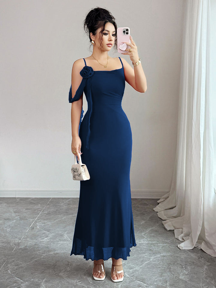 Blue Spaghetti Strap Flower Detail Dress