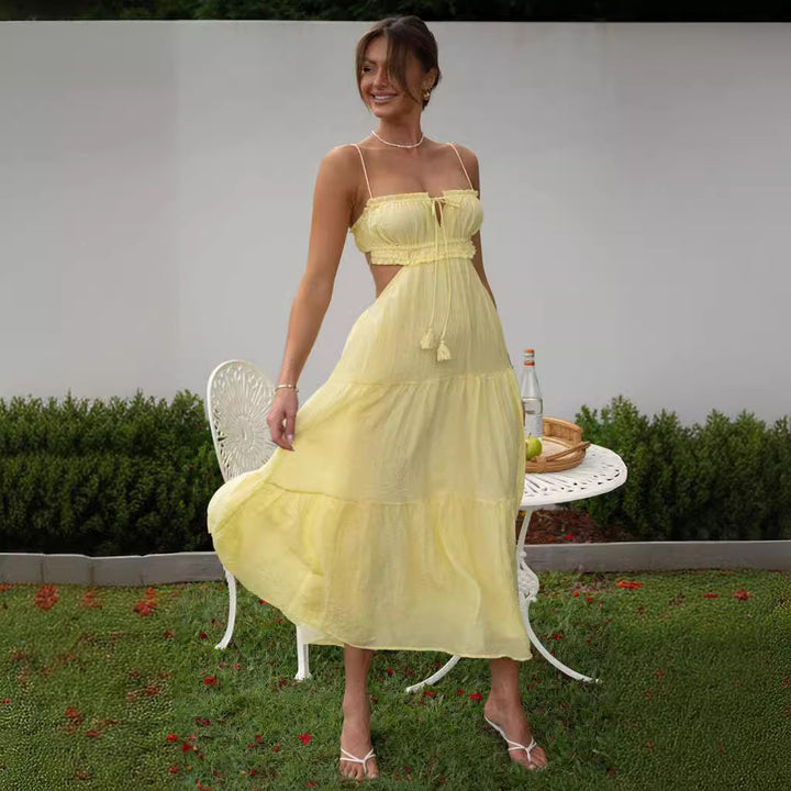 Yellow Noodle Strap Back Tie Up Dress