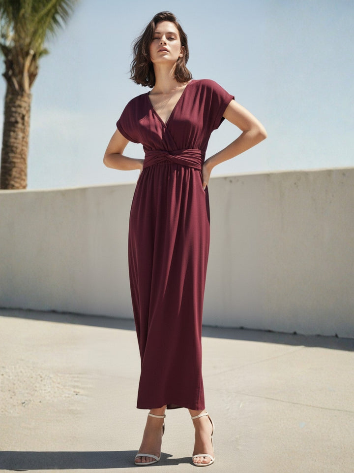 Wine Plunge Neck Twisted Knot Waist Detail Dress