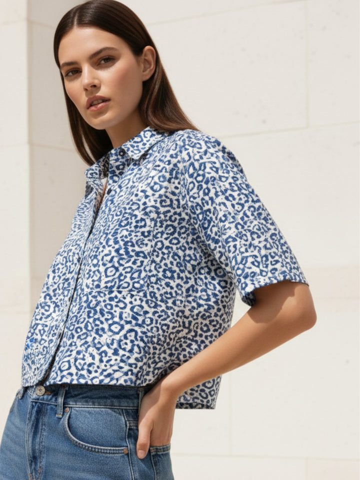 Blue Printed Cropped Shirt