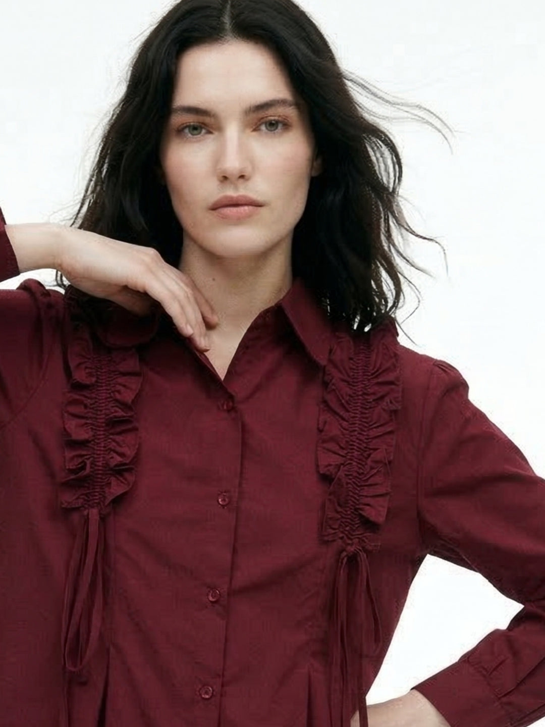 Maroon Ruffle Detail Collared Top