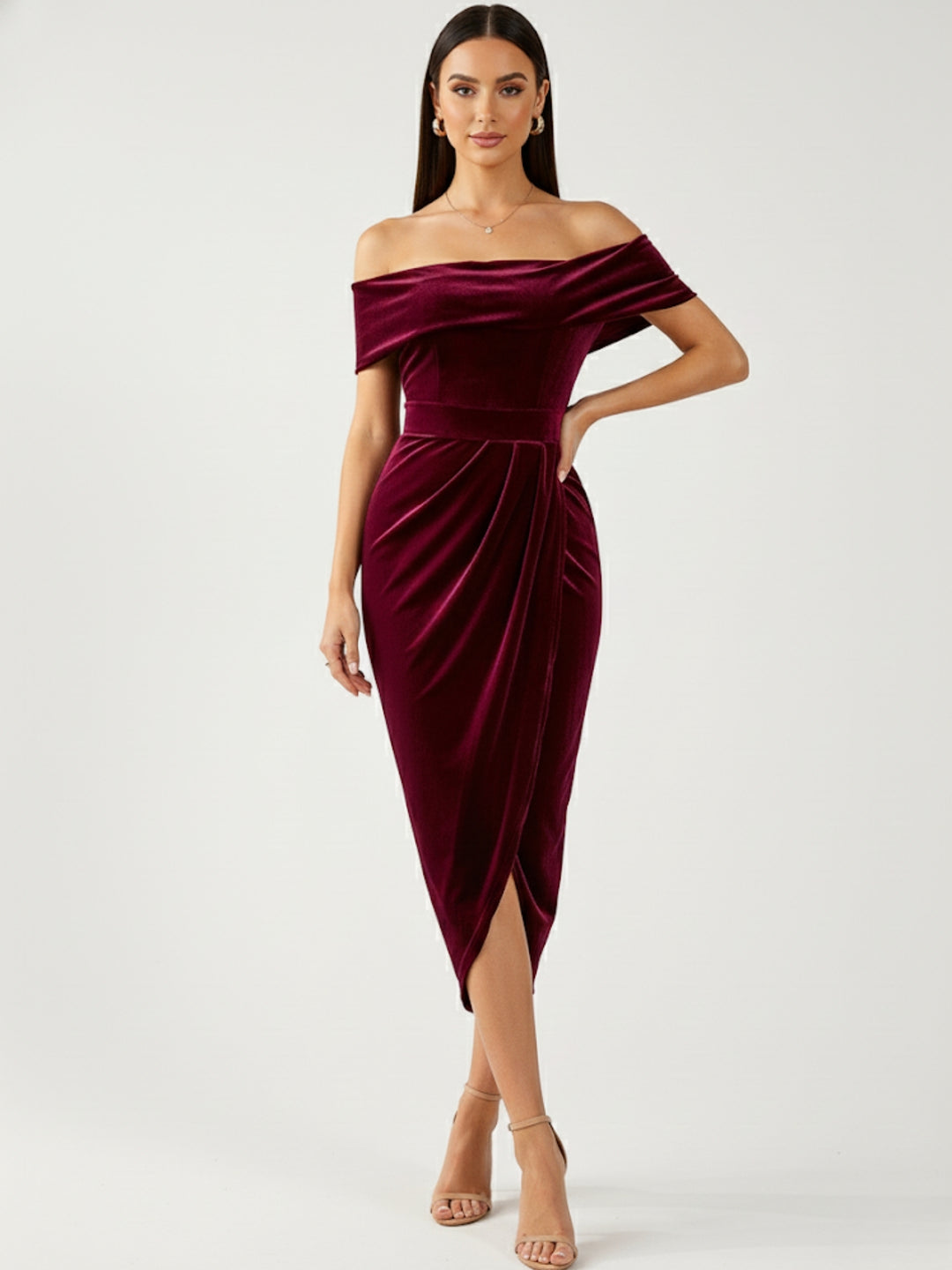 Burgundy Off-Shoulder Wrap Hem Velour Dress
