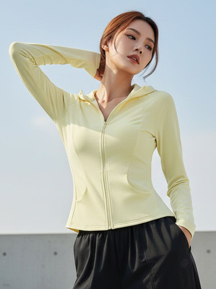 Yellow Full Sleeves Front Zip Hooded Jacket