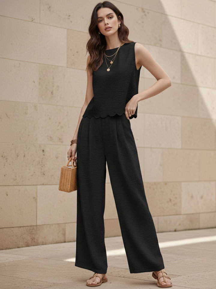Black Sleeveless Scallop Hem  Back Tie Top Up And Pant Set