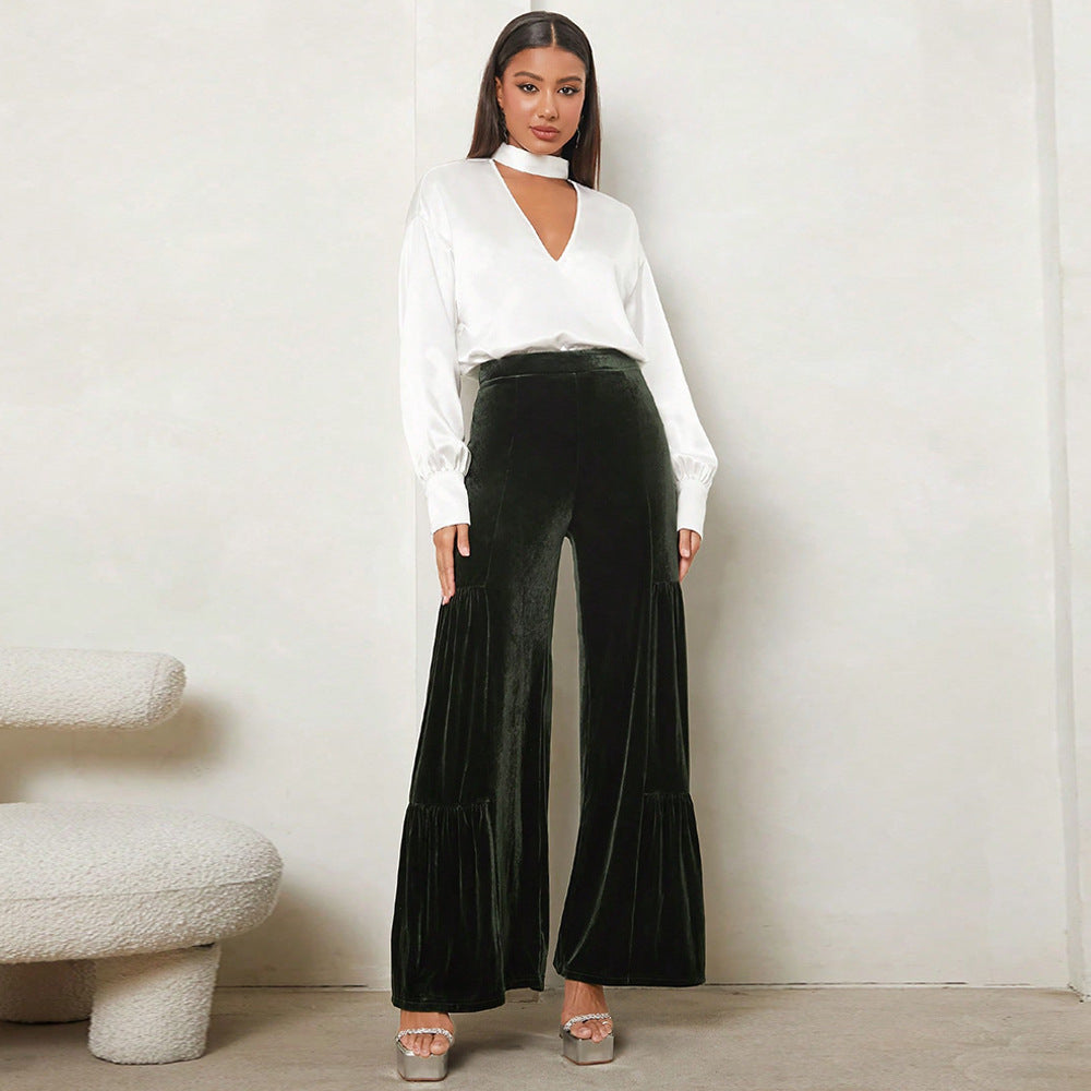 Olive Velour Tiered Pant