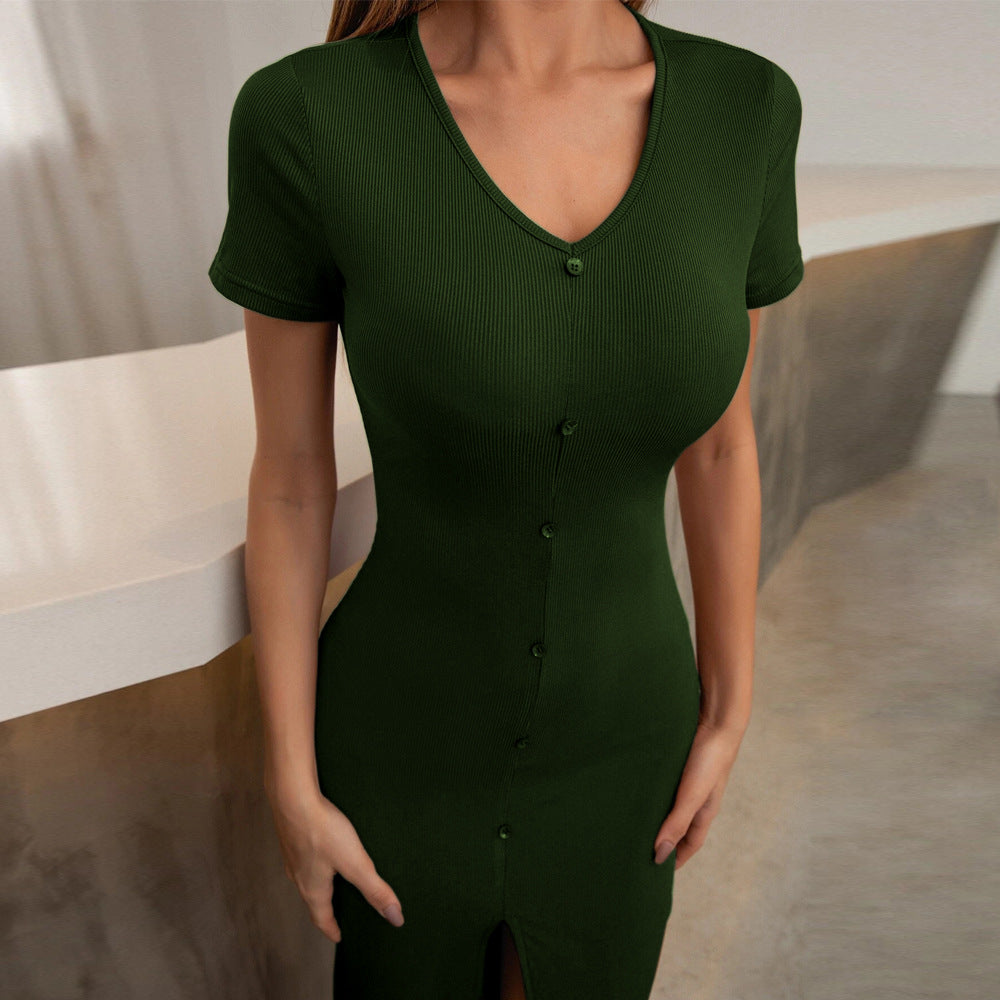 Green Short Sleeve Front Slit Dress