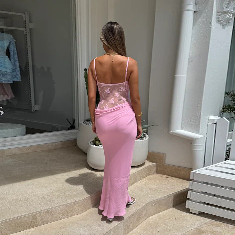 Pink Lace Insert At Waist Maxi Dress