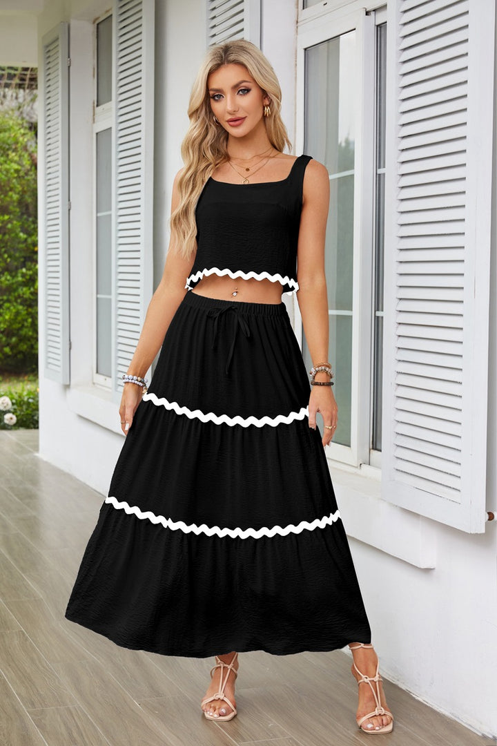 Black Contrast Tipping Top And Skirt Co-Ord Set