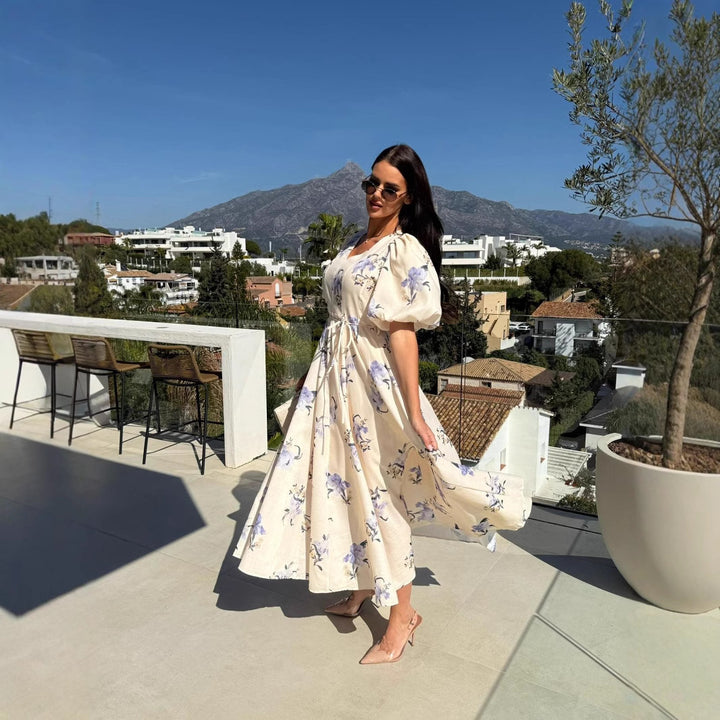 White Puff Sleeved Printed Dress