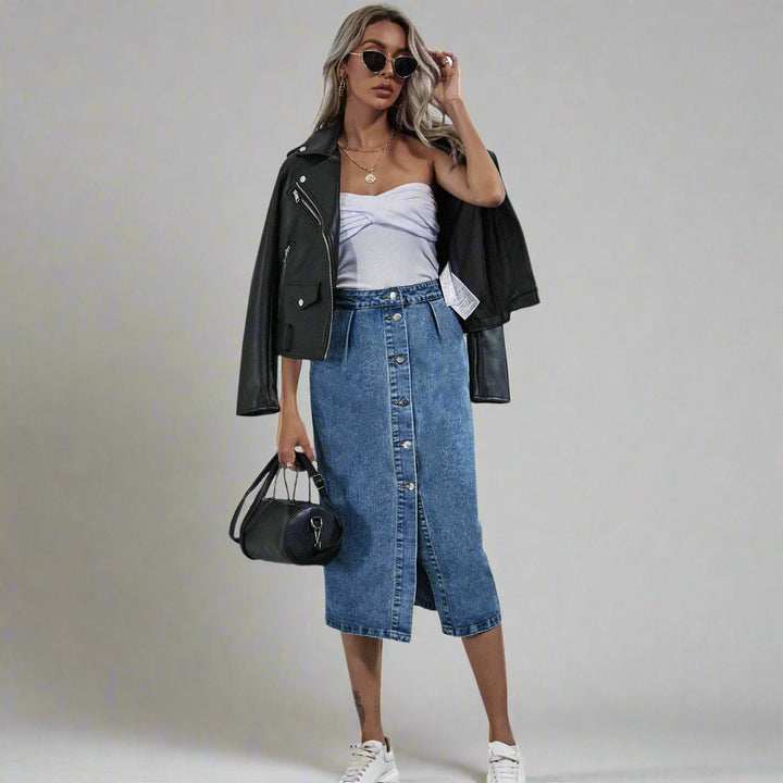 Blue Button Down Denim Skirt