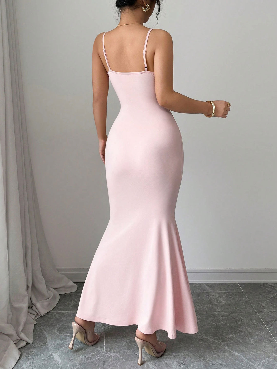 Pink Shoulder Strap Waist Ruched Dress