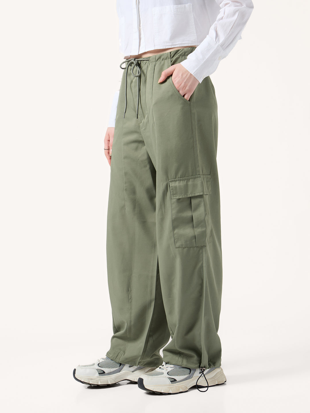 Olive Cargo Pockets Drawstring Wid Leg Trouser