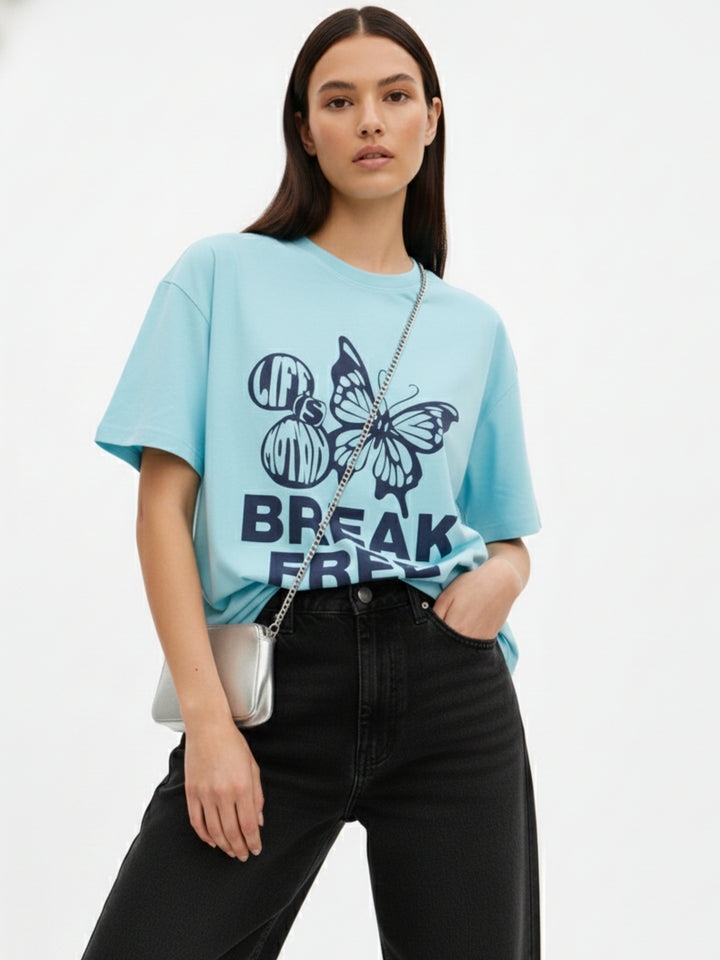 Blue Crew Neck Graphic Tshirt