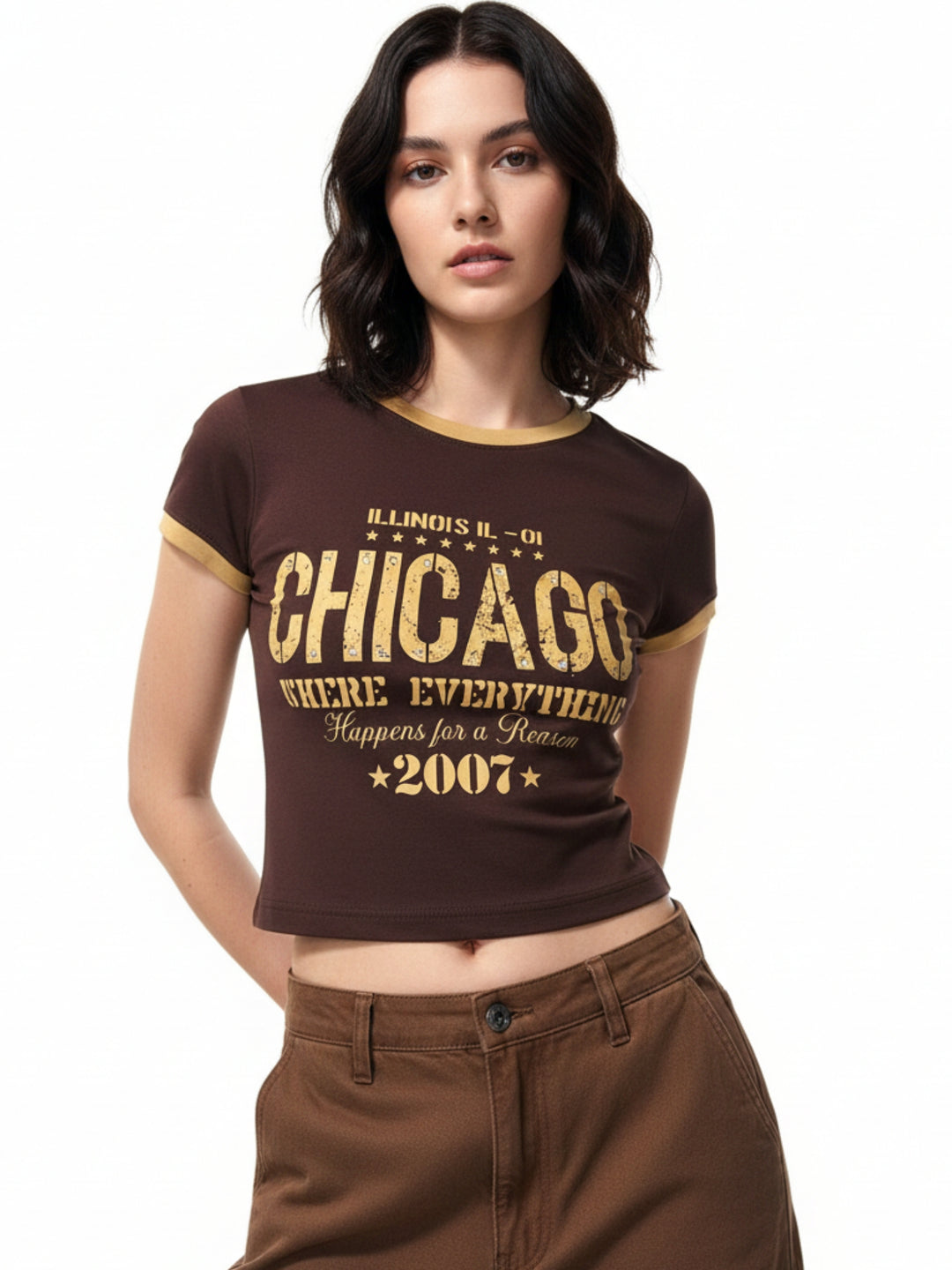 Brown Fitted Studded Printed Graphic T-Shirt