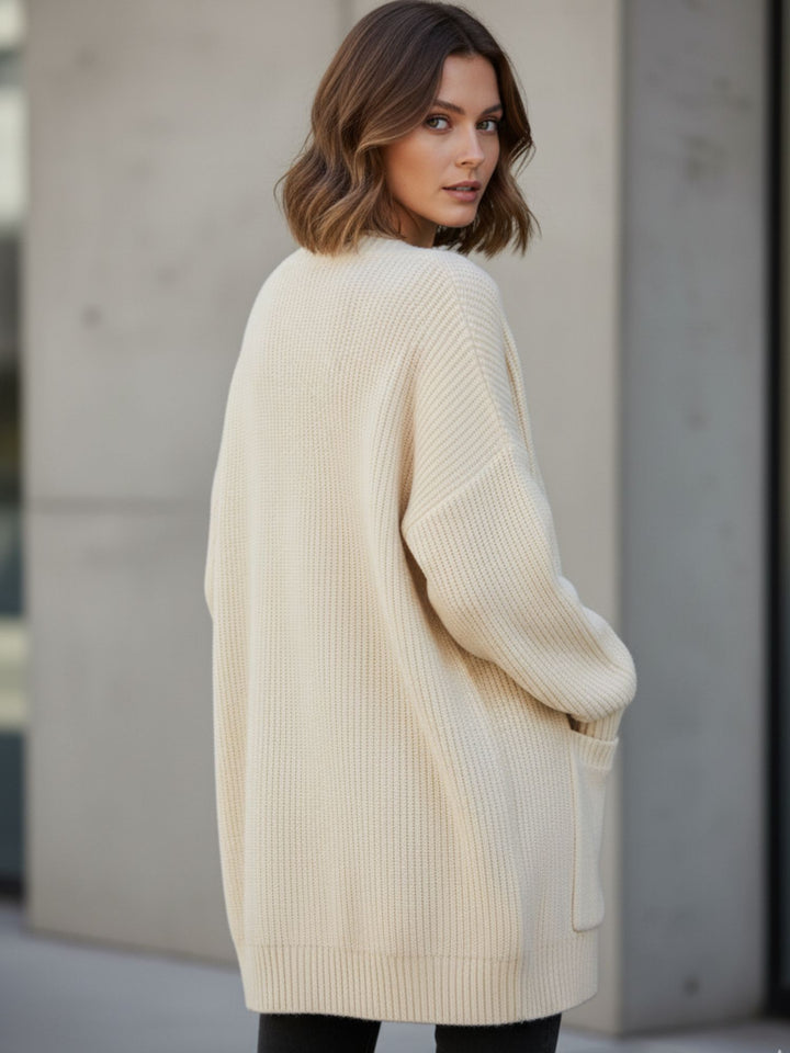 Off White Full Sleeve Double Pockets Slouchy Cardigans