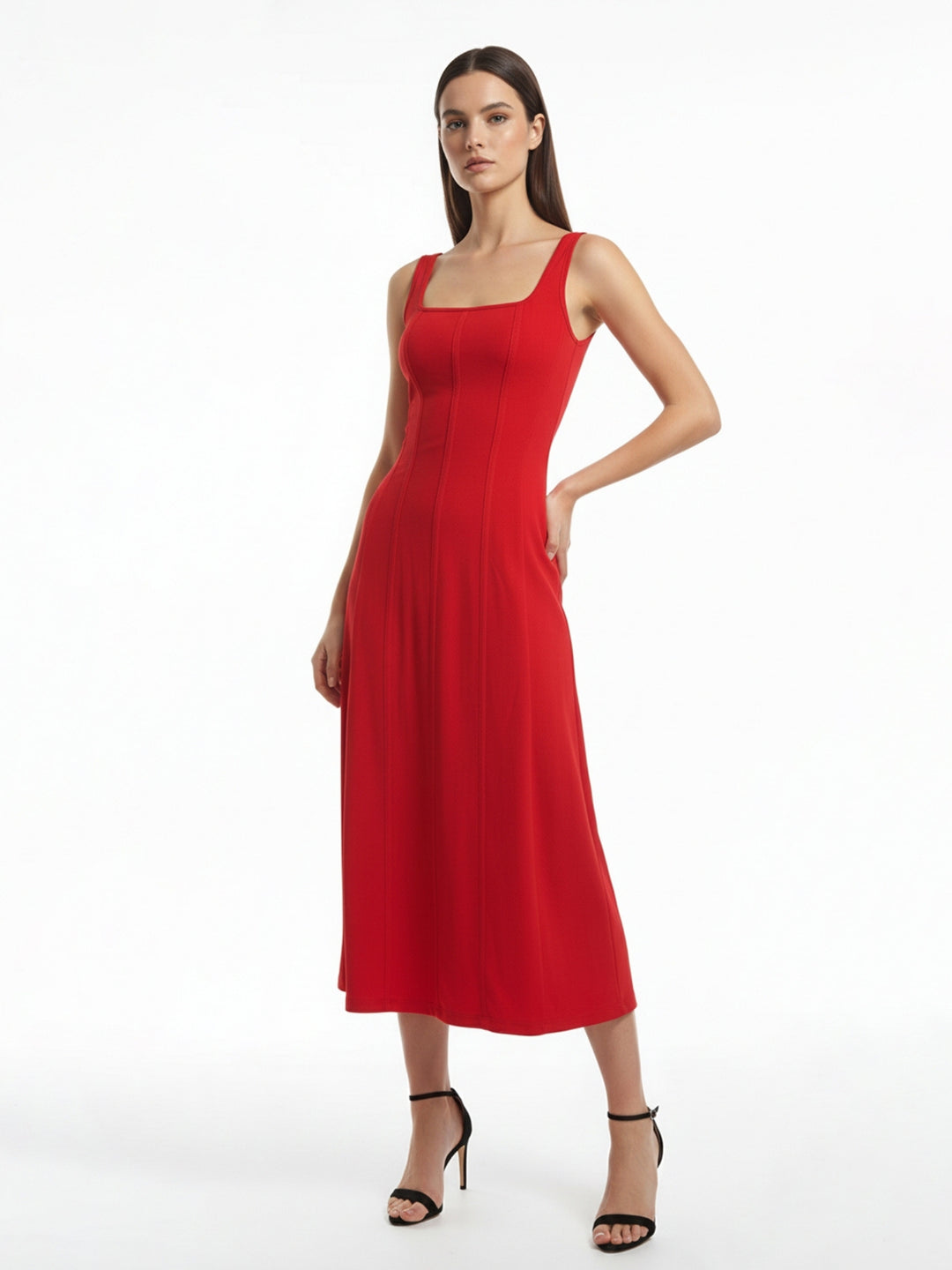 Red Square Neck Solid Flared Dress