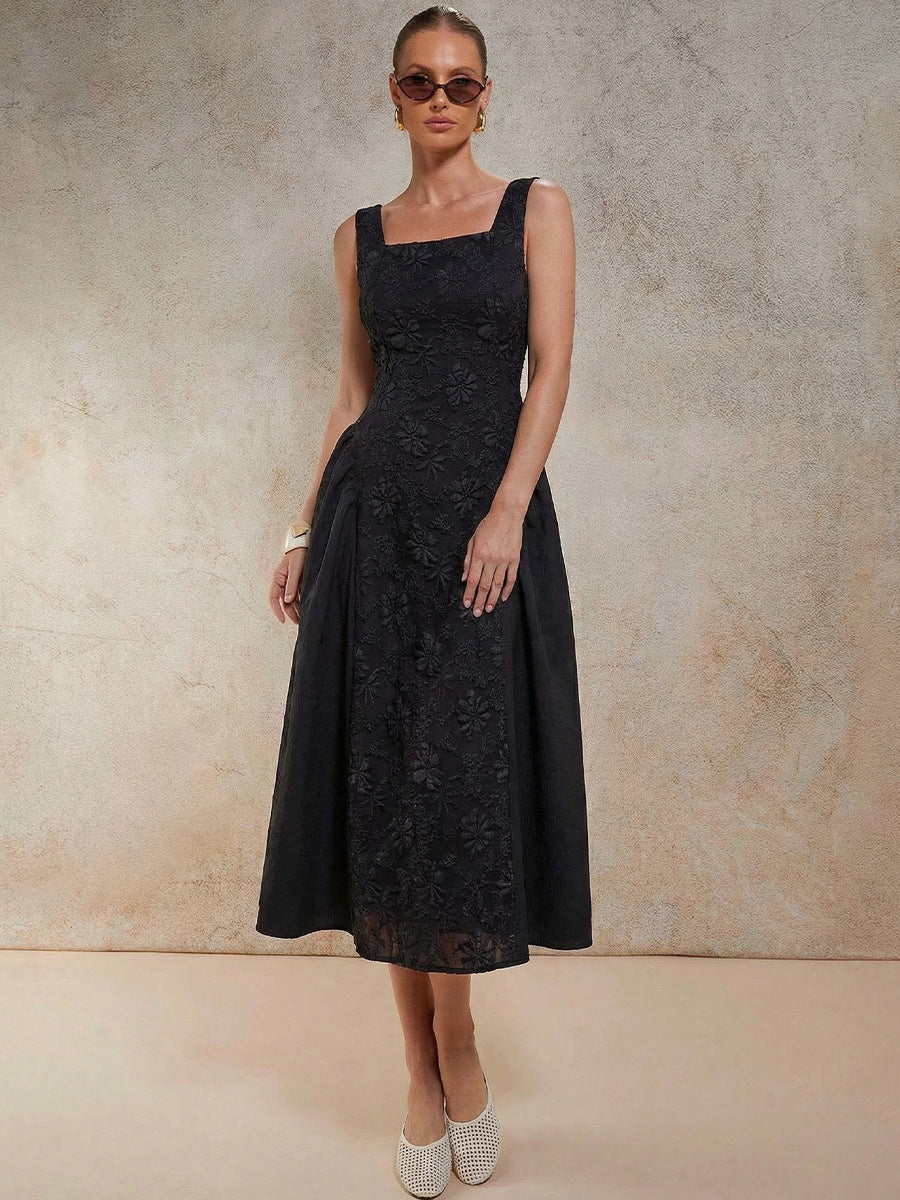 Black Square Neck Cinched Waist Dress