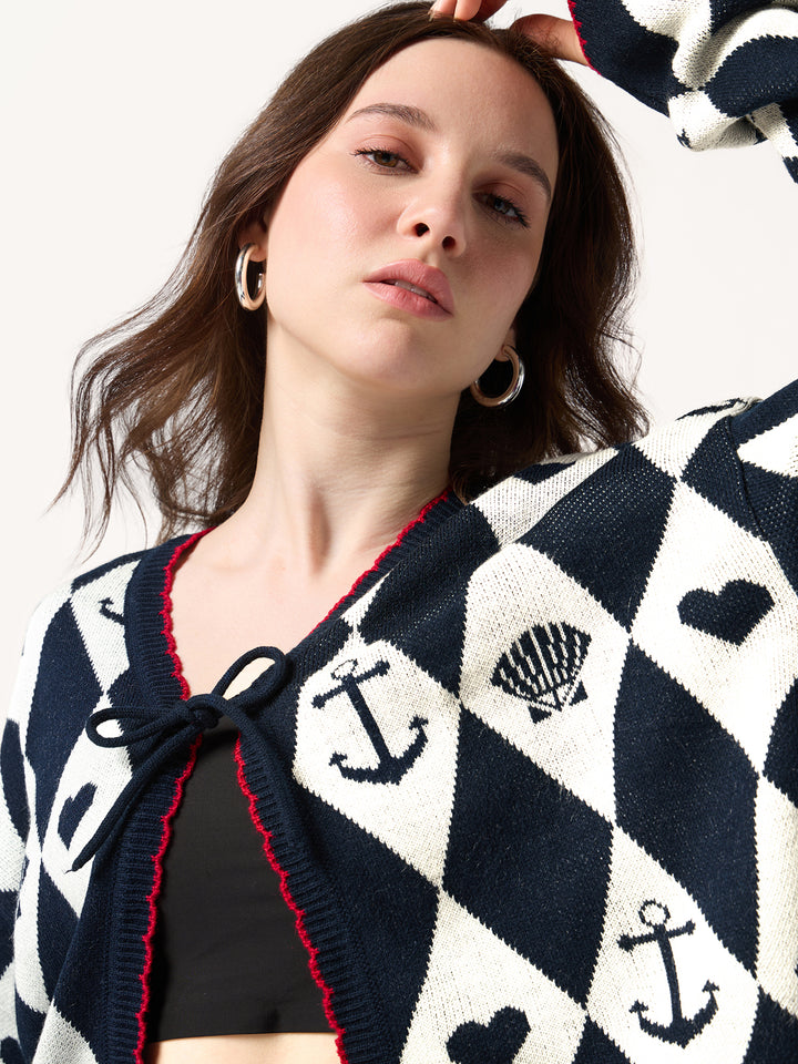 Navy Blue Graphic Tie Up Cardigan