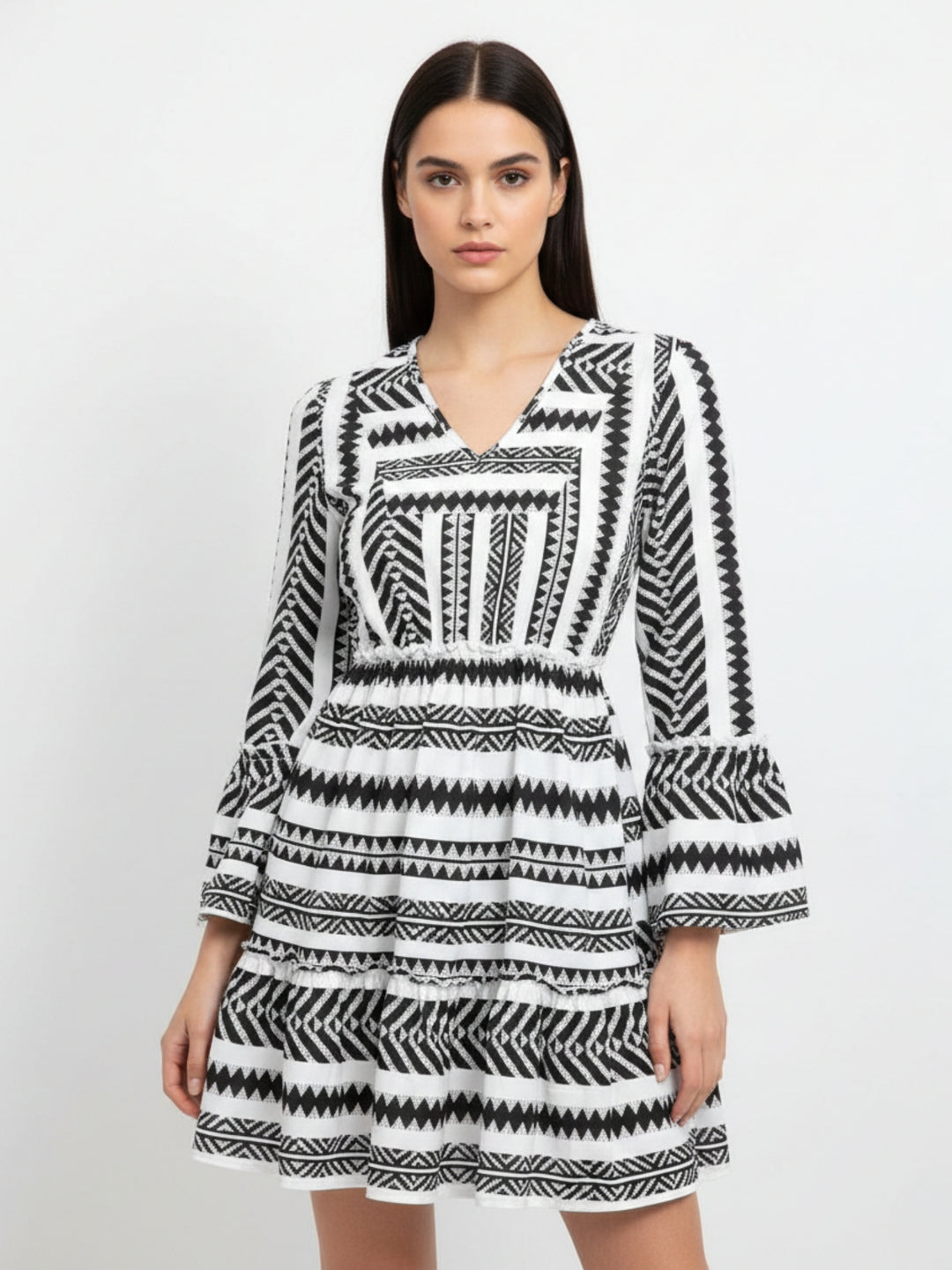 Multi Geometric Printed V Neck Dress