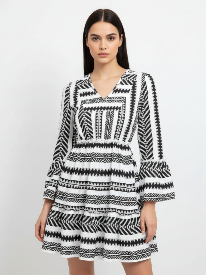 Multi Geometric Printed V Neck Dress