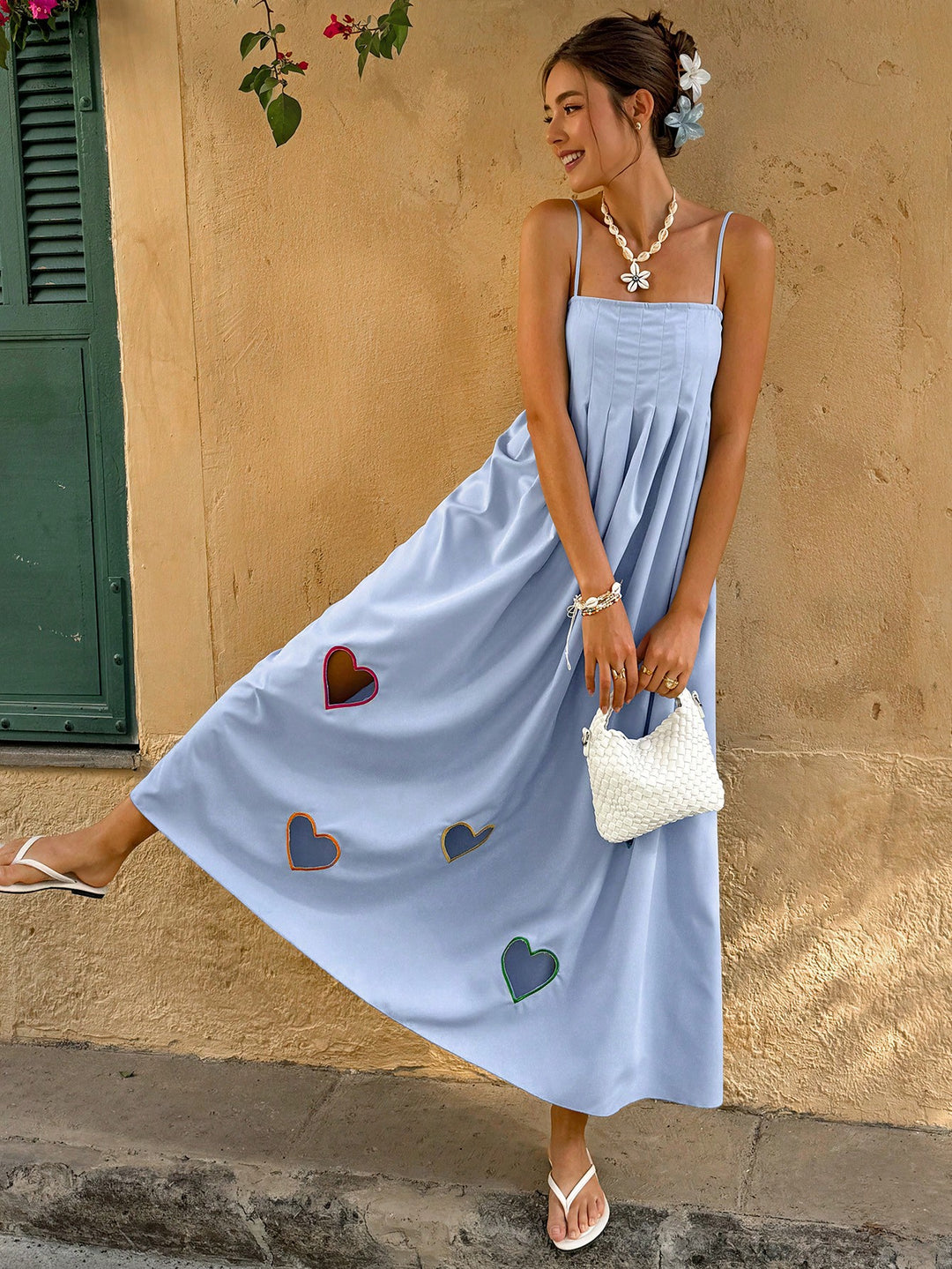 Blue Off Shoulder Heart Printed Smocking Dress