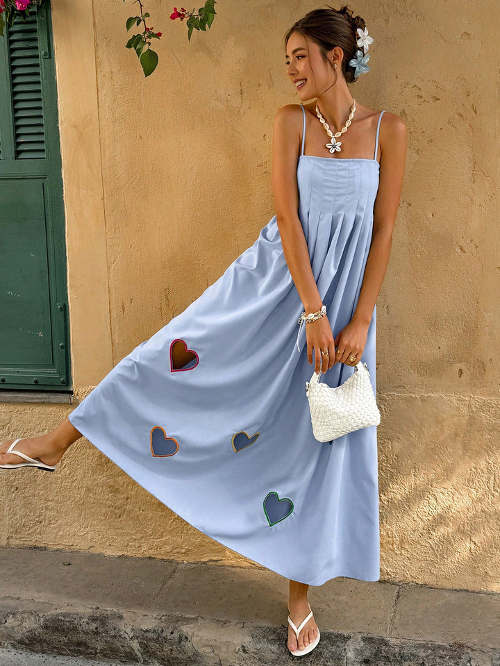 Blue Off Shoulder Heart Printed Smocking Dress