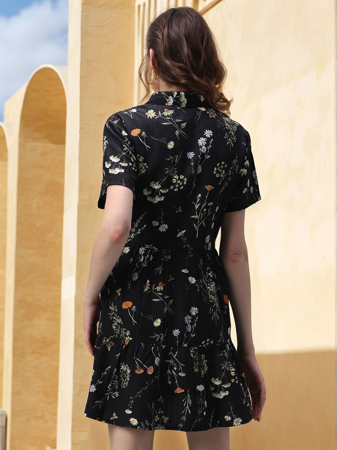 Black Printed Floral Tiered Dress