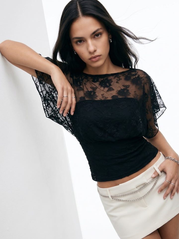Black Blouson Lace Top