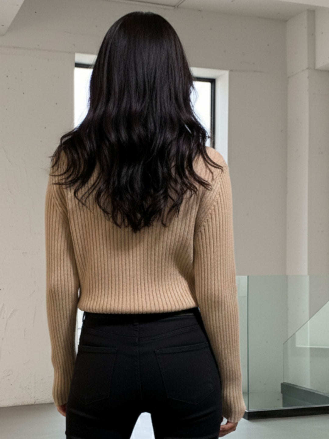 Beige Full Sleeve V Neck Fitted Top