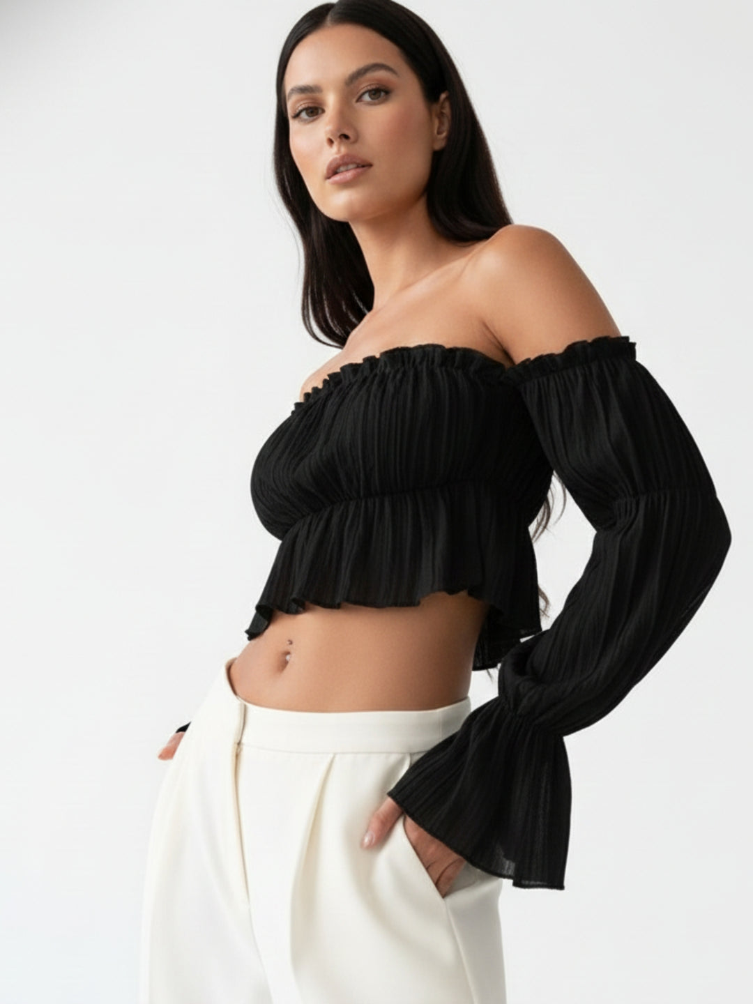 Black Off Shoulder Rufffle Detail Top