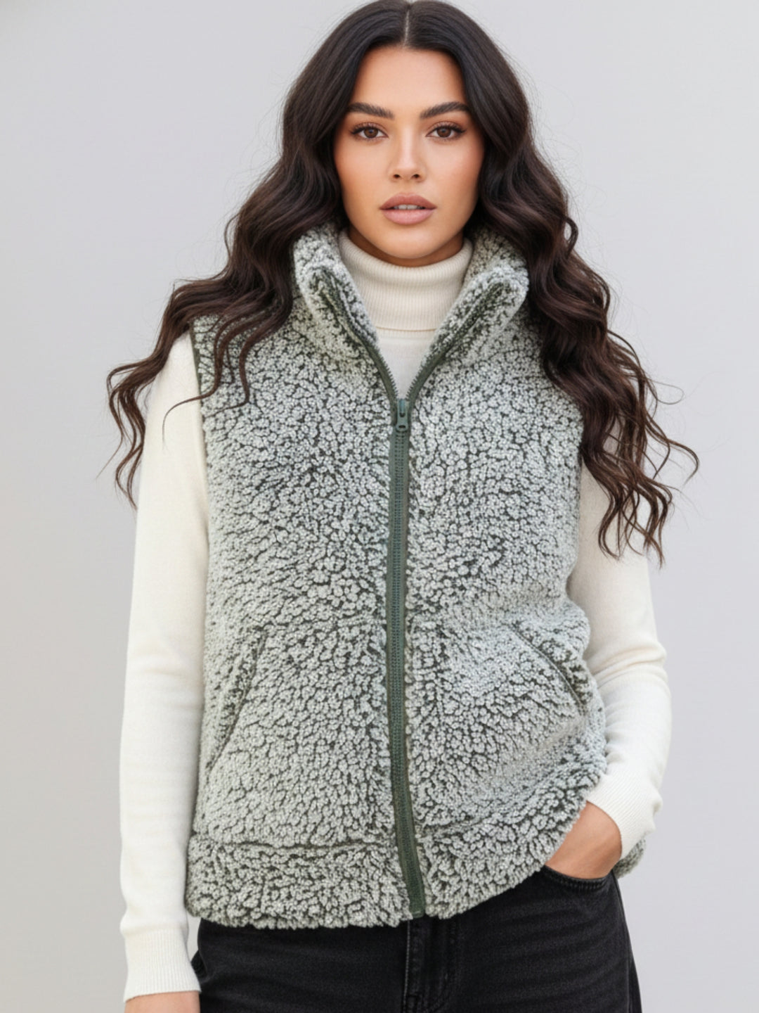 Grey Sleeveless Zip Front Textured Jacket