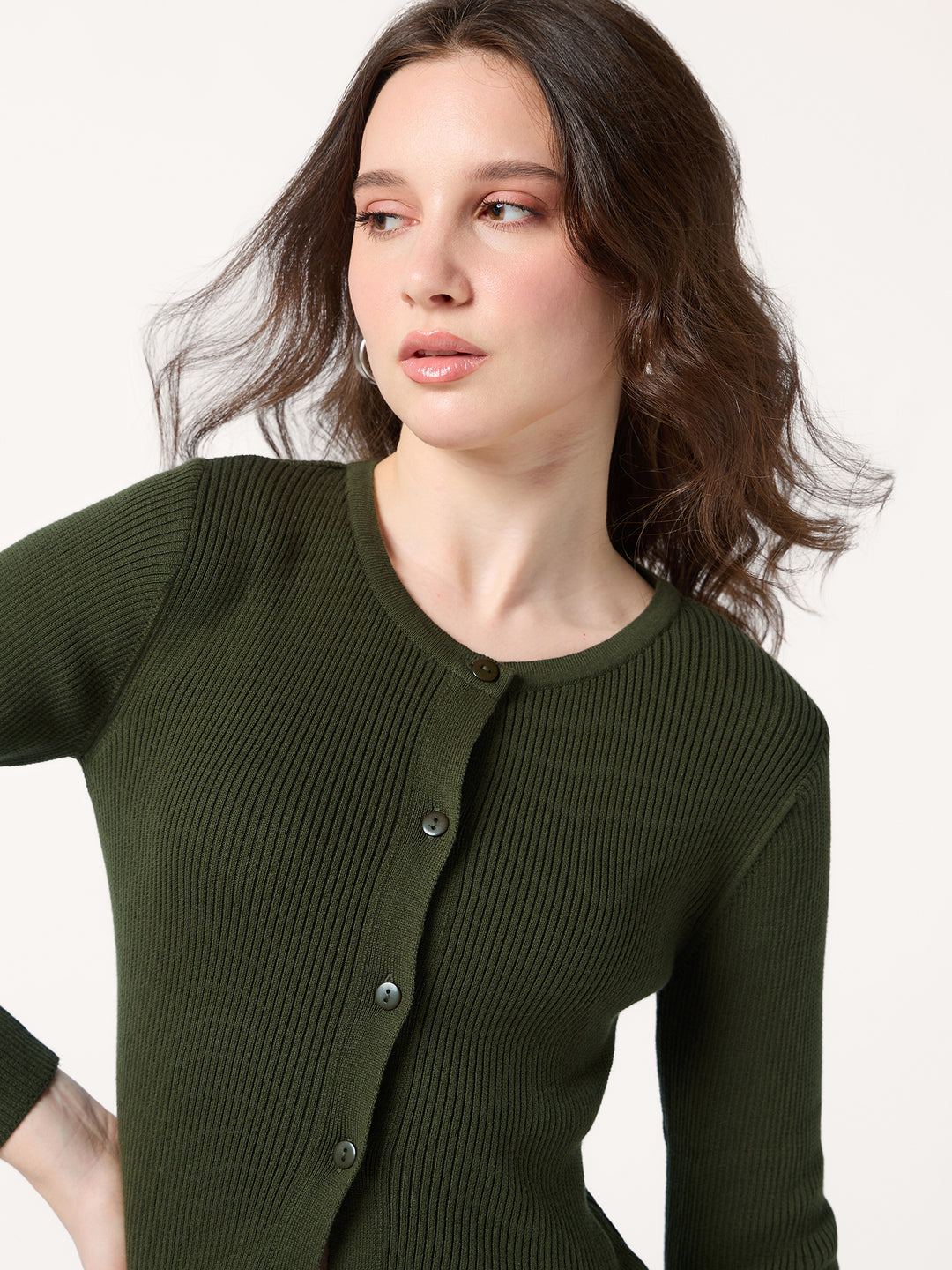 Olive Flat Knit Button Down Knit Top