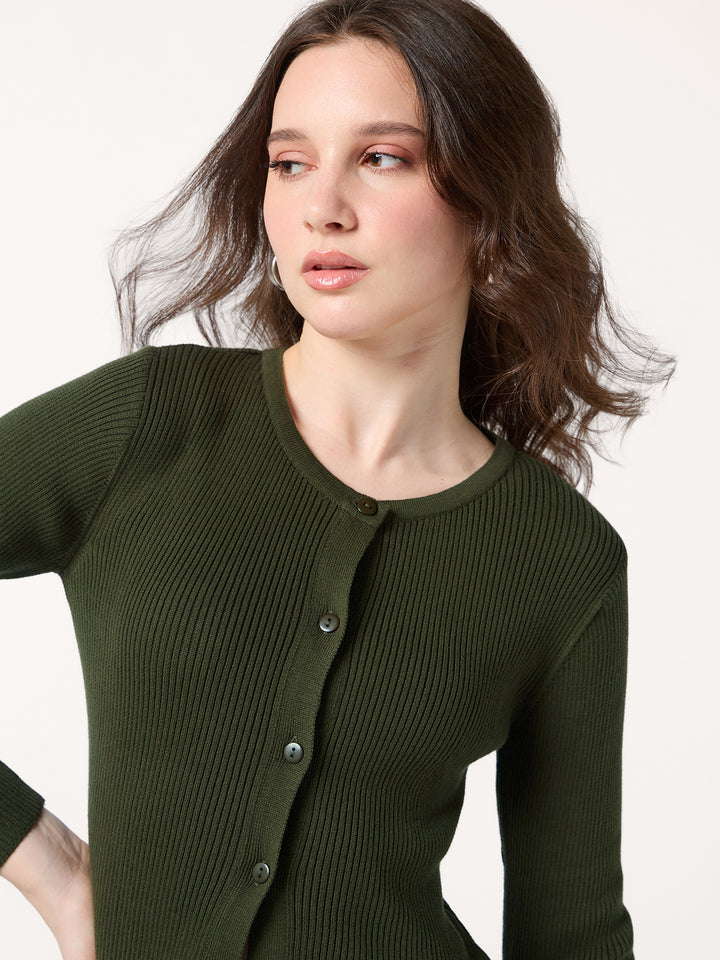 Olive Flat Knit Button Down Knit Top
