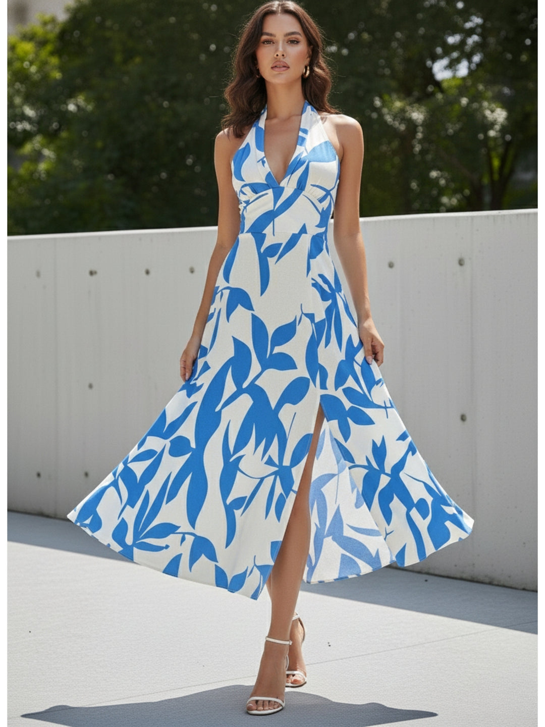 Blue Halter Neck Printed Flared Dress