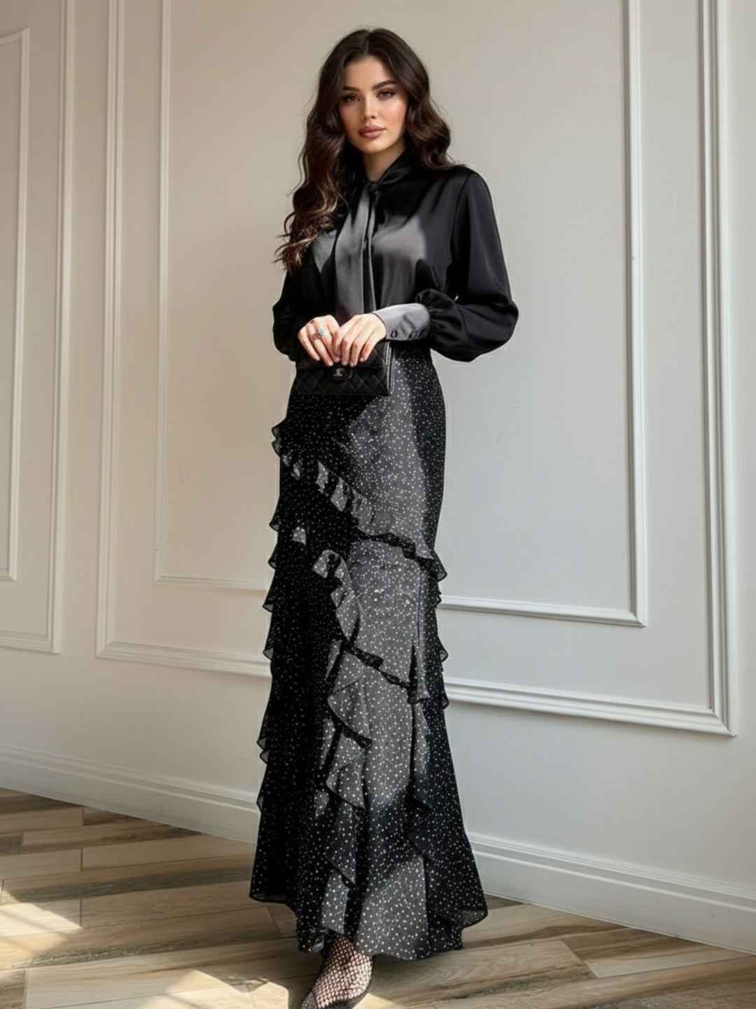 Black Tiered Maxi Skirt With Ruffles Detailing