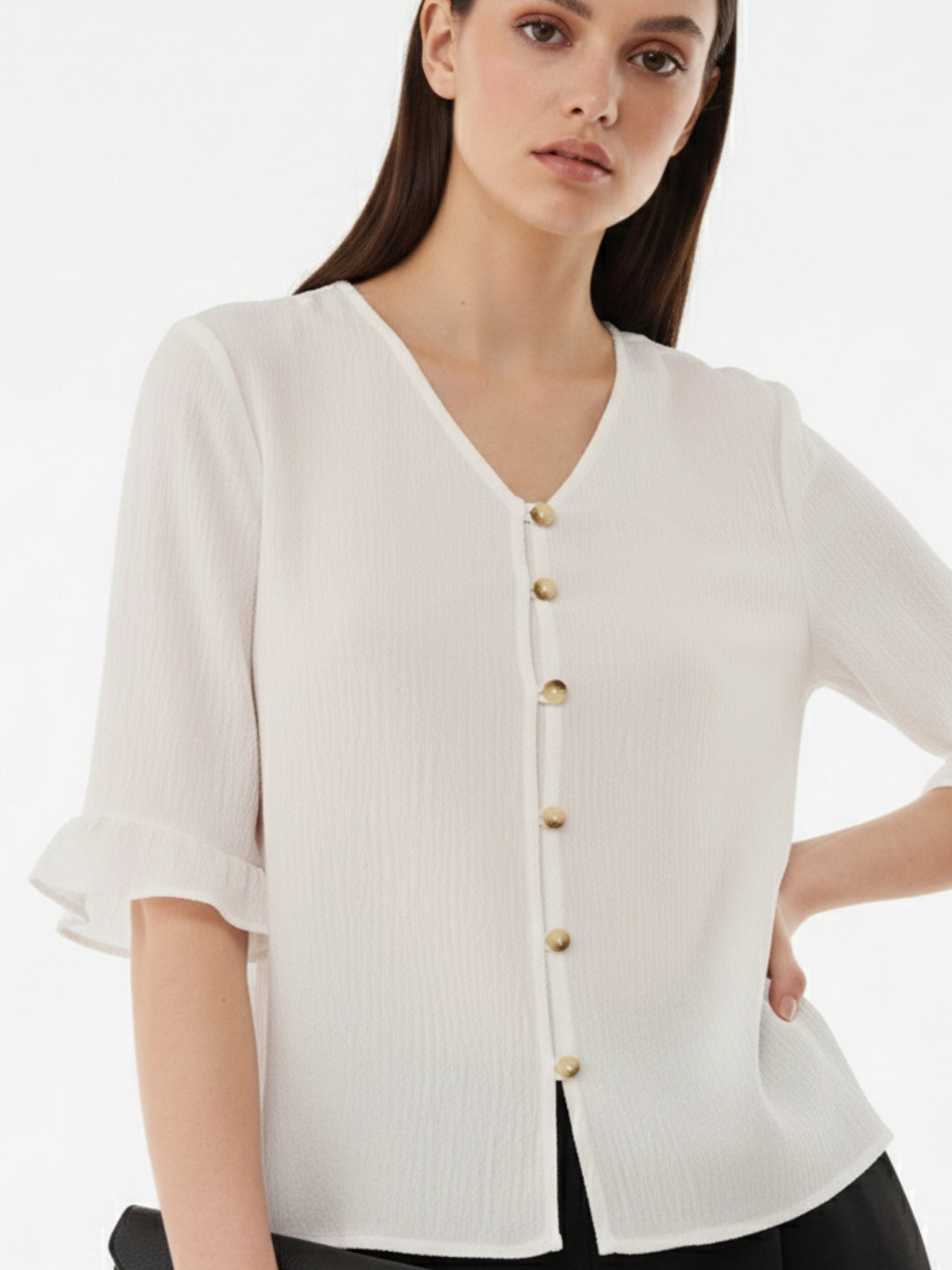 White Front Buttoned Top With Ruffle Detail On Sleeve